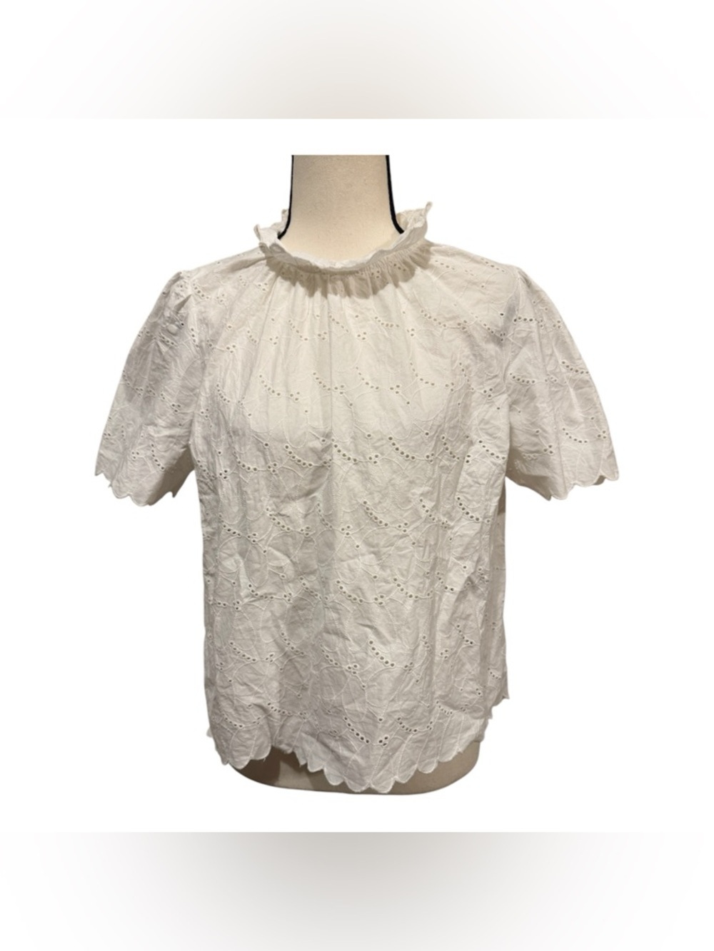 Free Assembly | Eyelet Ruffle Neck Short Sleeve Blouse - White